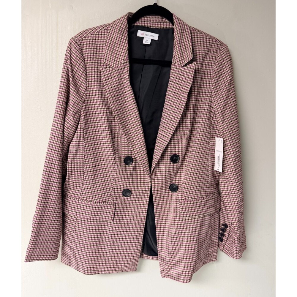 Liz Claiborne Womens 12 Double Breasted Blazer Pink Houndstooth NWT Jacket
